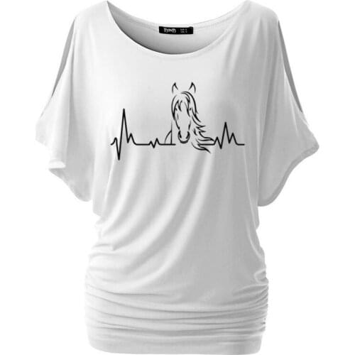 Women Girl Heartbeat of Horse T Shirts Summer Style Batwing Short Sleeve Cotton Cute Riding Horse Female Tee Tops Plus Size