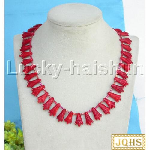 JQHS AAA natural 17" carved flower red coral necklace 18KGP clasp j13259