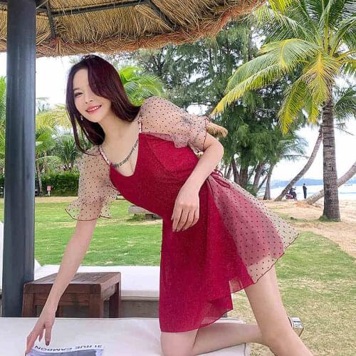 2021 New Hot Women Beachwear Retro Red Push Up Pad Swimsuit Mesh Short Sleeve Bathing Suit Female One Piece Swimwear Boyshort