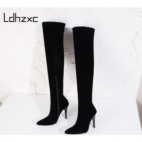 LDHZXC Sexy Thin High Heel zipper Women Shoes Quality Stretch Flock Pointed Toe Buckle Over The Knee High Boots Size 34-45