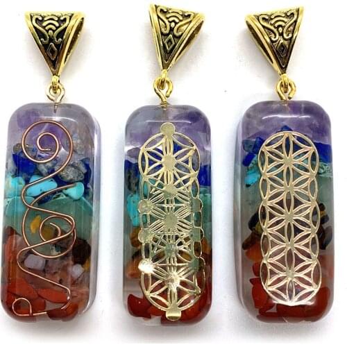 Natural Stone Pendant Resin Rectangular Aura Energy Pendant Necklace Amulet Colored Beads Pendulum Retro DIY Jewelry Accessories
