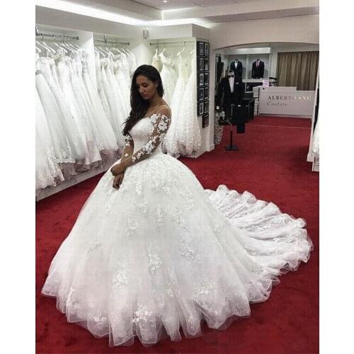 Sexy Illusion Ball Gown Wedding Dress 2021 Chapel Train Lace Appliqued Plus Size Wedding Bridal Gown