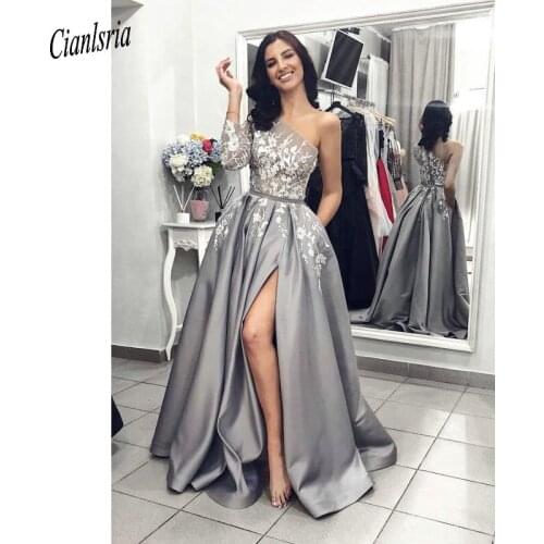 Gorgeous Silver One Shouder High Split Evening Dress Appliques Lace Long Sleeve Formal Evening Party Dresses vestido de festa