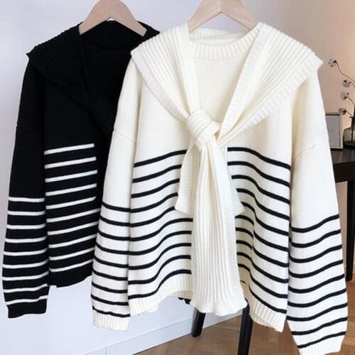 College style knitted striped sweater female Korean style literary thick loose pullover casual long sleeve o neck