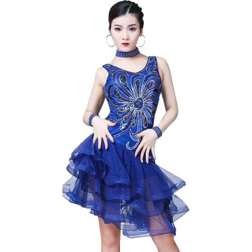 Women Dance Clothes Competition Salsa Samba Wear V-neck Tutu Dress Sequins One Piece Latin Dresses (with necklace bracelet)
