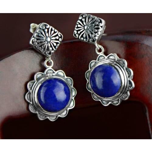 Retro 100% 925 Sterling Silver Drop Earrings For Women Natural Lapis Lazuli Stones Vintage Thai Silver Earring Jewelry