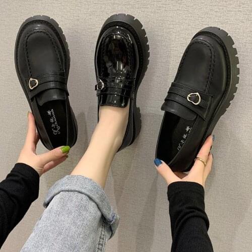 2021 New Women Oxford Shoes Leather Slip on Shoes heart Metal Boat Shoes Female Chunky Casual Shoe zapatos mujer Black shoes