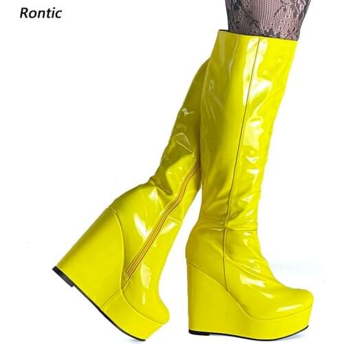 Rontic Women Winter Knee Boots Unisex Full Side Zipper Sexy Wedges Heels Round Toe Black Red Fuchsia Night Club Shoes Size 35-52