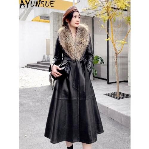 2020 Genuine Leather Jacket Women Long Womens Down Jackets Sheepskin Coat Female Raccoon Dog Fur Collar Cuero Genuino Pph1794