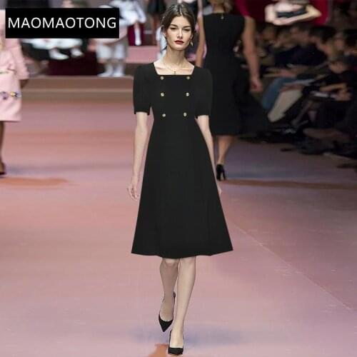 2021 Summer Runway Elegant Party Dress Women Casual Square collar High waist Black/Red Short sleeve A-Line Midi Dress