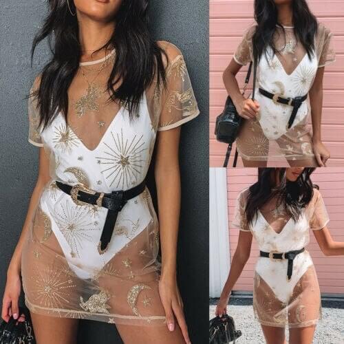 Women Casual Sexy Mesh Crochet Dress Ladies O-neck Short Sleeve Cover Up See Through Mini Dress