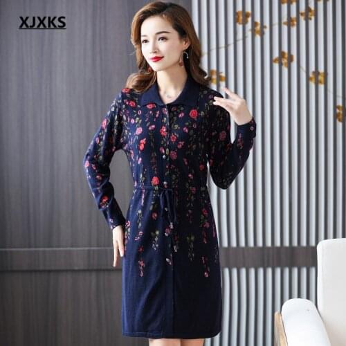 XJXKS 2021 autumn winter new fashion lapel long cardigan women sweater high-end wool knitted women dress