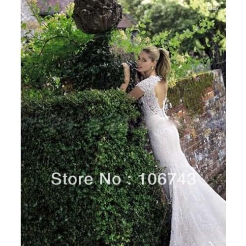 Free shipping 2017 new design MERMAID sweetheart backless Short Sleeve gown bridal lace wedding dresses custom size/color