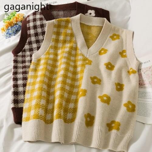 Gaganight Vintage Women Knitted Vest Sleeveless Fashion Flower Tanks Casual Loose Camisole Autumn Winter Sweater Vests Korean