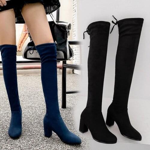 YQBTDL 2020 Winter High Heels Long Overknee Boots Stretch Faux Suede Black Blue Leopard Knight Over The Knee Boots Womens Shoes