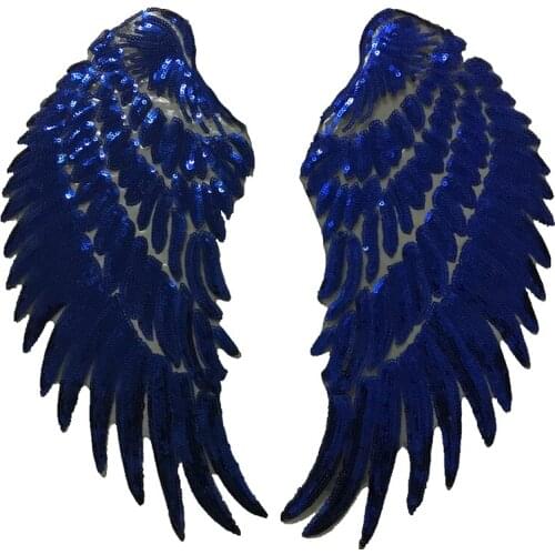 1 Pair New Arrival Blue Sequins Wings Patches Iron on Patch for Clothes Big Motif Appliques Patch DIY Sewing Accessories