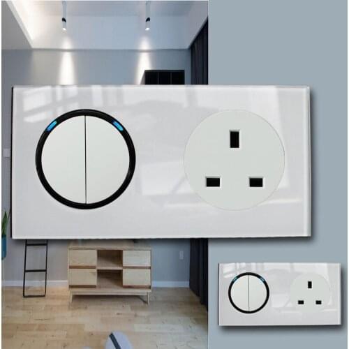 146 Type 2 gang 2 way + UK Socket Crystal Tempered Pure Glass Panel 13a Double Eu Standard Wall Power Socket Grounded white
