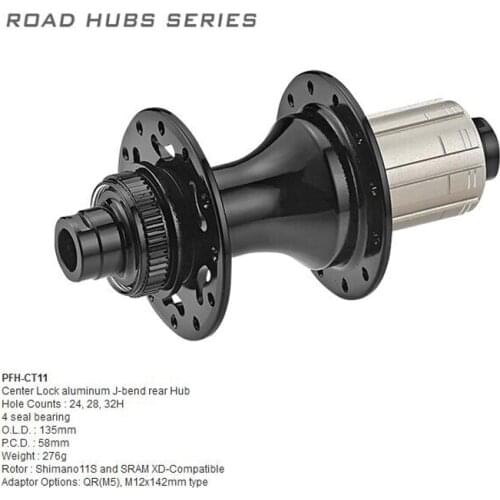 Powerway PFH-CT11 Road disc bicycle rear hub Adaptor Options QR M5 M12x142mm Center Lock J-bend CT11 rear Hub 24 28 32 holes