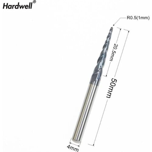 Free shipping-1PCS,R0.5*D4*20.5*50L,HRC55 Tungsten solid carbide TiALN Coated Taper Ball Nose End Mills,taper and cone Bit,wood