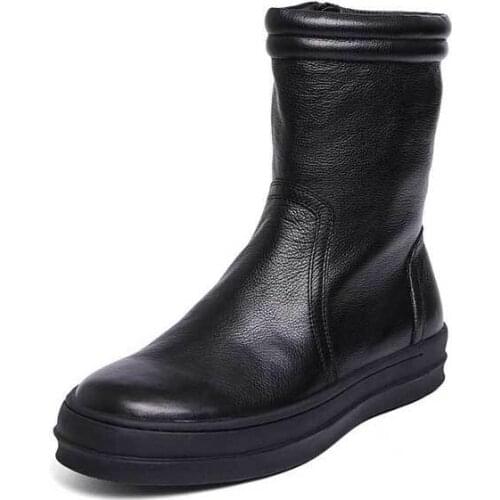 High top genuine leather black western boots winter Mid-calf boots fashion men boots slip on round toe Martin boots