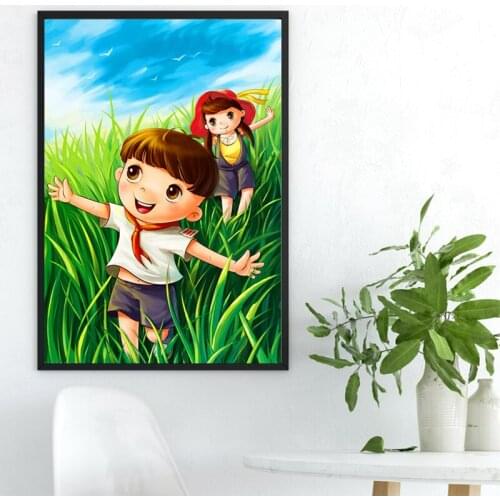 Kids Room Wall Art Canvas Painting Happy Children Poster Green Grassland Home Decor Wall Pictures Nursery Prints Baby Bedroom