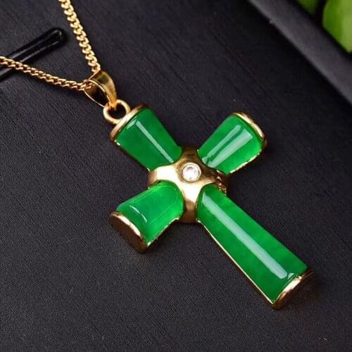 Classic 925 Sterling Silver Cross Pendants Necklaces Women Men Natural Chinese Green Jade Gemstone Long Necklace Gold Jewelry