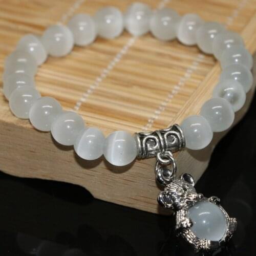 Women strand bracelet 9 style stone opal crystal round beads 6mm 8mm blue purple white pink cat eye bangle jewelry 7.5inch B2111