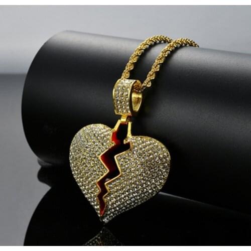 European and American Hip Hop Style Personality Design Heartbreak Pendant Necklace Shiny Zircon Inlaid Mens Rock Party Jewelry