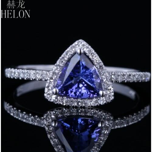 HELON Solid 14k White Gold Trillion 6mm Genuine Tanzanite & Diamonds Engagemement Ring Women Anniversarry Fine Jewelry Best Gift