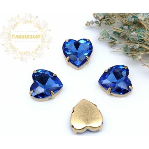 Hot sale Light Sapphire Heart Glass Crystal sew on rhinestones with gold claw Diy wedding dress accessories Free shipping