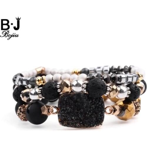 3 Pcs/Set Natural Stone Classic Womens Bracelets Boho Druzy Black Onyx Lava Glass Plastic Hematite Crystal Bracelets BCSET270