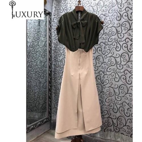Suit 2020 Summer Fashion Women Bow Collar Green Shirt Tops+Mid-Calf Length High Waist Skirt Set Ladies Casual Work Suits