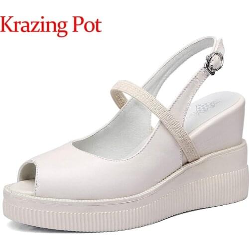 Krazing Pot genuine leather round toe super high heels Slope heel shallow energy buckle straps cozy peep toe women sandals L59