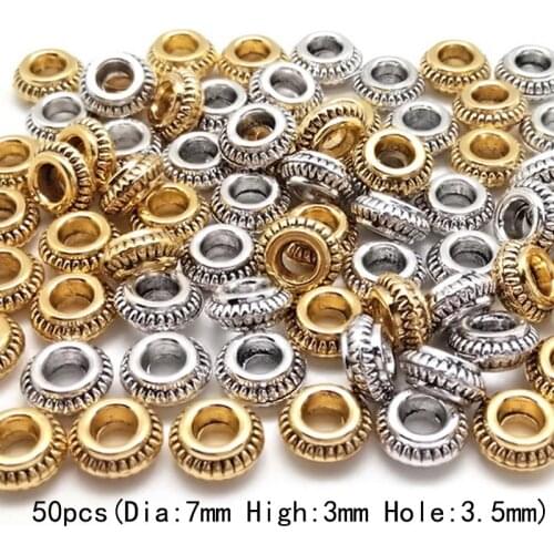50PCS/Lot Fashion Single Layer Ring Flat Beads Zinc Alloy Metal Spacer Beads For DIY Bracelet Necklace Jewelry Findings Making