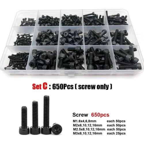 400/650/1060pc M1.6 M2 M2.5 M3 M4 M5 Hex Socket Screw Set 12.9 Grade Carbon Steel Bolts and Nuts Assortment Kit with Storage Box