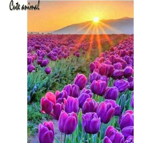 5D DIY Diamond Painting kit Cross Stitch Tulip flower sunset scenery Diamond Embroidery Rhinestone Diamond Mosaic decoration new