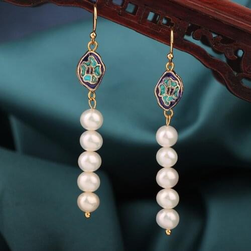 NEW Long Blue Geometri earrings Vintage Delicate Freshwater pearl Drop earrings Ethnic cloisonne Chinese style Jewelry for women