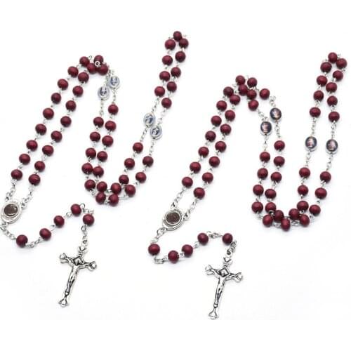 Rosary Necklace Crucifix Cross Virgin Mary Holy Father Pendant Religious Jewelry Baptism Rose Wood Beads Chain Confirmation Gift