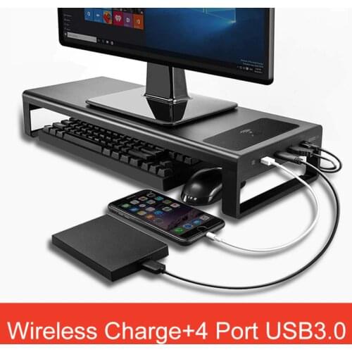 Aluminium Alloy Monitor Stand Computer Base Table wireless charge With 4 Usb 3.0 desk HUB Laptop Desk Stand