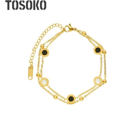 TOSOKO Stainless Steel Jewelry Black And White Shell Round Brand Bracelet Womens Fashion Gold Bead Double Chain Bracelet BSE144