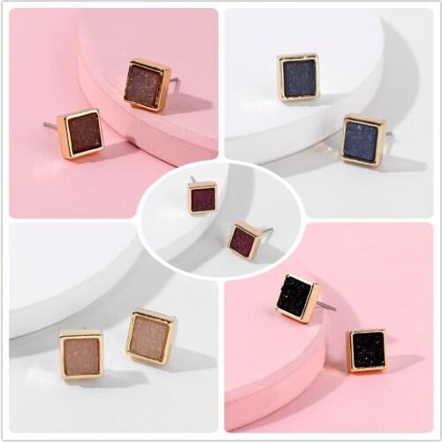 Trendy Fall Color Mini Square Fake Imitation Druzy Stone Ear Stud Post Earring