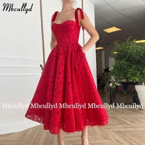 2021 New Simple Red Evening Dresses Spaghetti Straps Lace Prom Gowns with Pocket A-Line Tea-Length Wedding Party Dresses