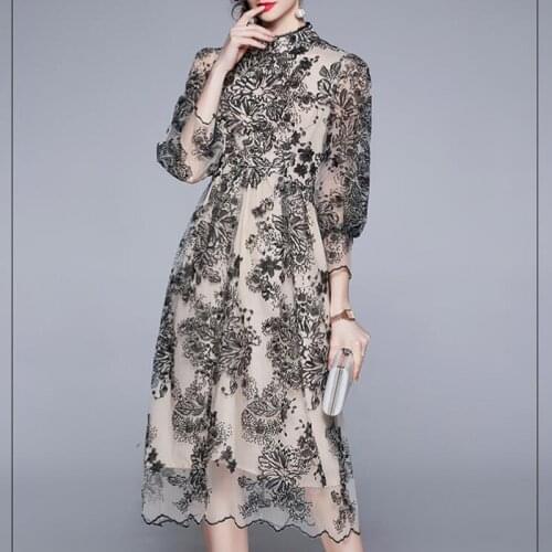 ZAWFL Runway Fashion Women Dress High Quality Lantern Sleeve Stand Collar Black Sequined Flower Embroidery Long Mesh Party Dress