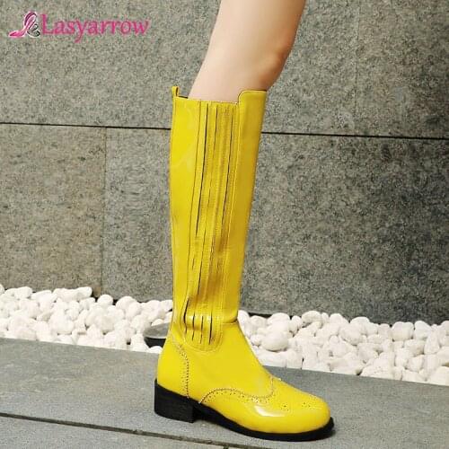 Lasyarrow Fashion 2019 Autumn Winter Round Toe Zipper Med Heel Women Knee High Boots Block Heels Party Shoes Western Boots J1169