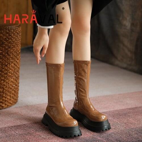 HARAVAL Women Mid-Calf Boots Shoes Autumn Winter Fashion Elegant Motorcycle Boots Women Footwear Brown Black Short Plush E414L
