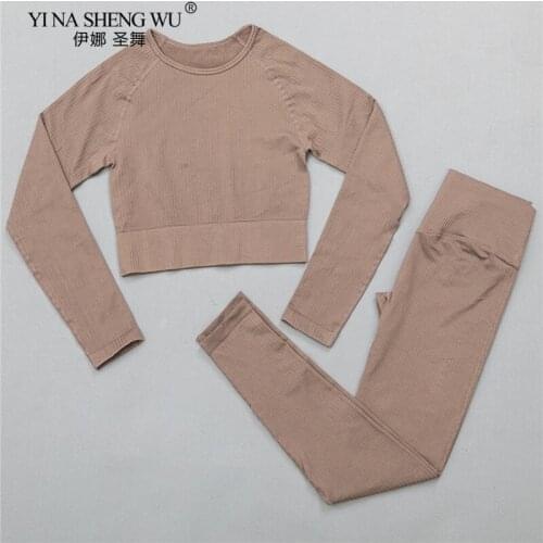 2 Piece Set Women Seamless Long Sleeve Yoga Pants Sets Workout Clothes for Women High Waist Sports Legging Long Sleeve Tops New