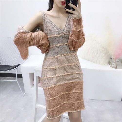 Amolapha Women Knit Cardigans Tops+Dress Sets Striped Short Style Shirts V Collar Straps Dresses Suits for Woman