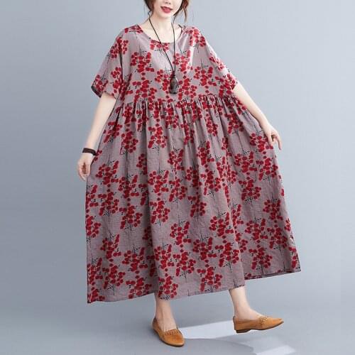 Thin Soft Cotton Linen Print Floral Short Sleeve Loose Summer Dress Plus Size 5XL 6XL Loose Women Travel Casual Long Maxi Dress