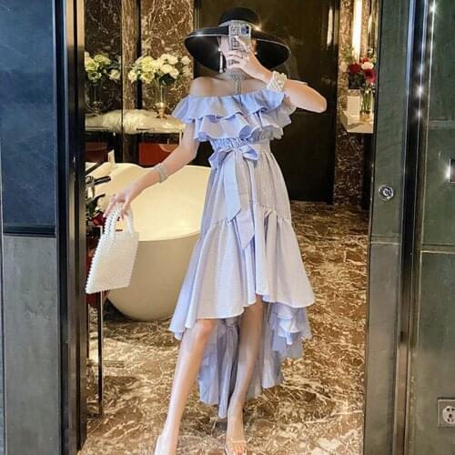 Sexy slash Neck Dress Women Slash Neck Ruffles Irregular High Low Hem Midi Dress Female Plaid A Line Empire Holiday Dress