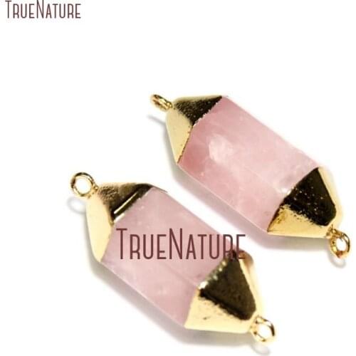 10Pcs Designer Gold Plating Faceted Double Terminated Point Connector Rose Quartzs Connector Online Approx 40x13mm PC15941